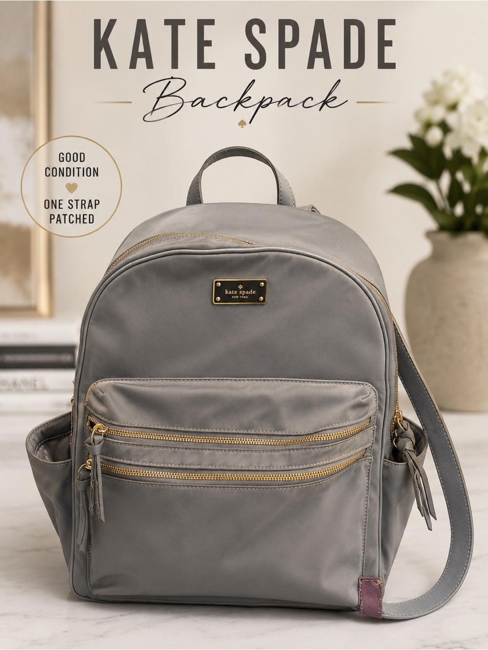 kate spade Gray Nylon Backpack with Gold Hardware one strap was patched see pics